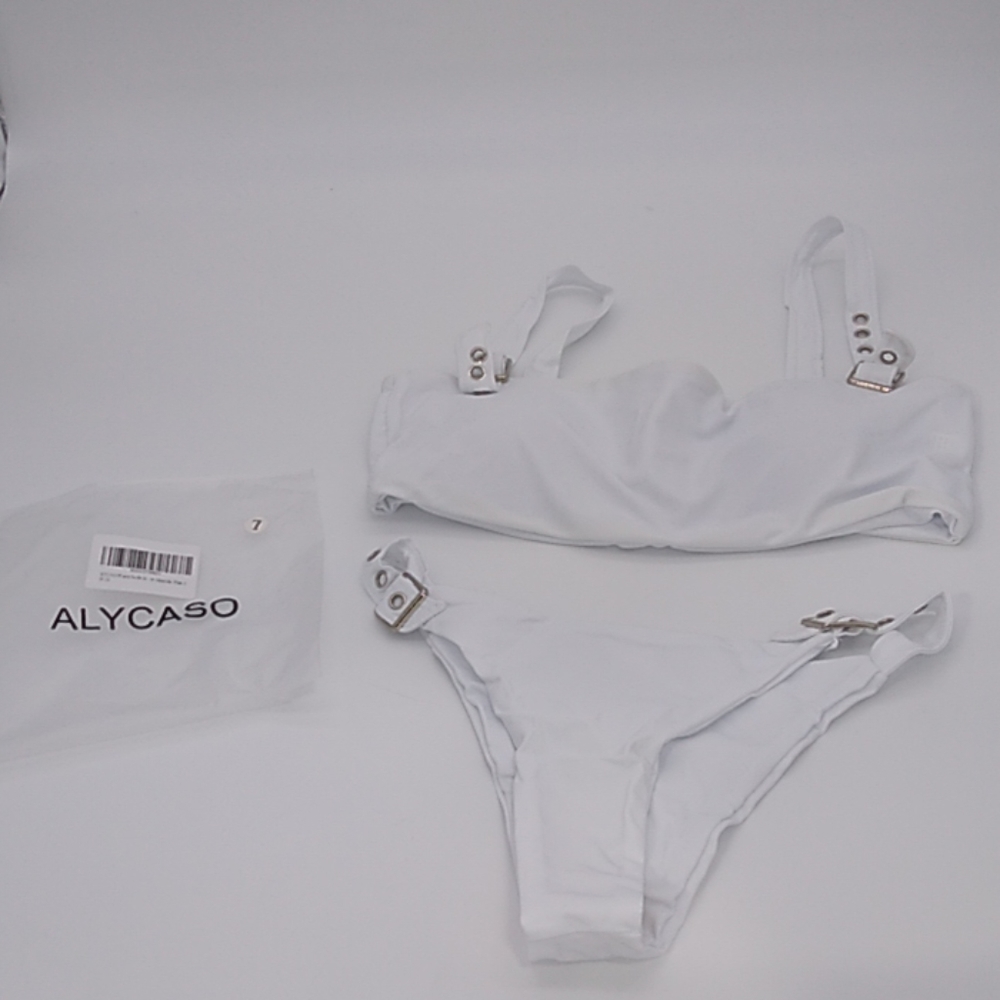 White Bikini Adjustable Buckle High Cut Thong Set